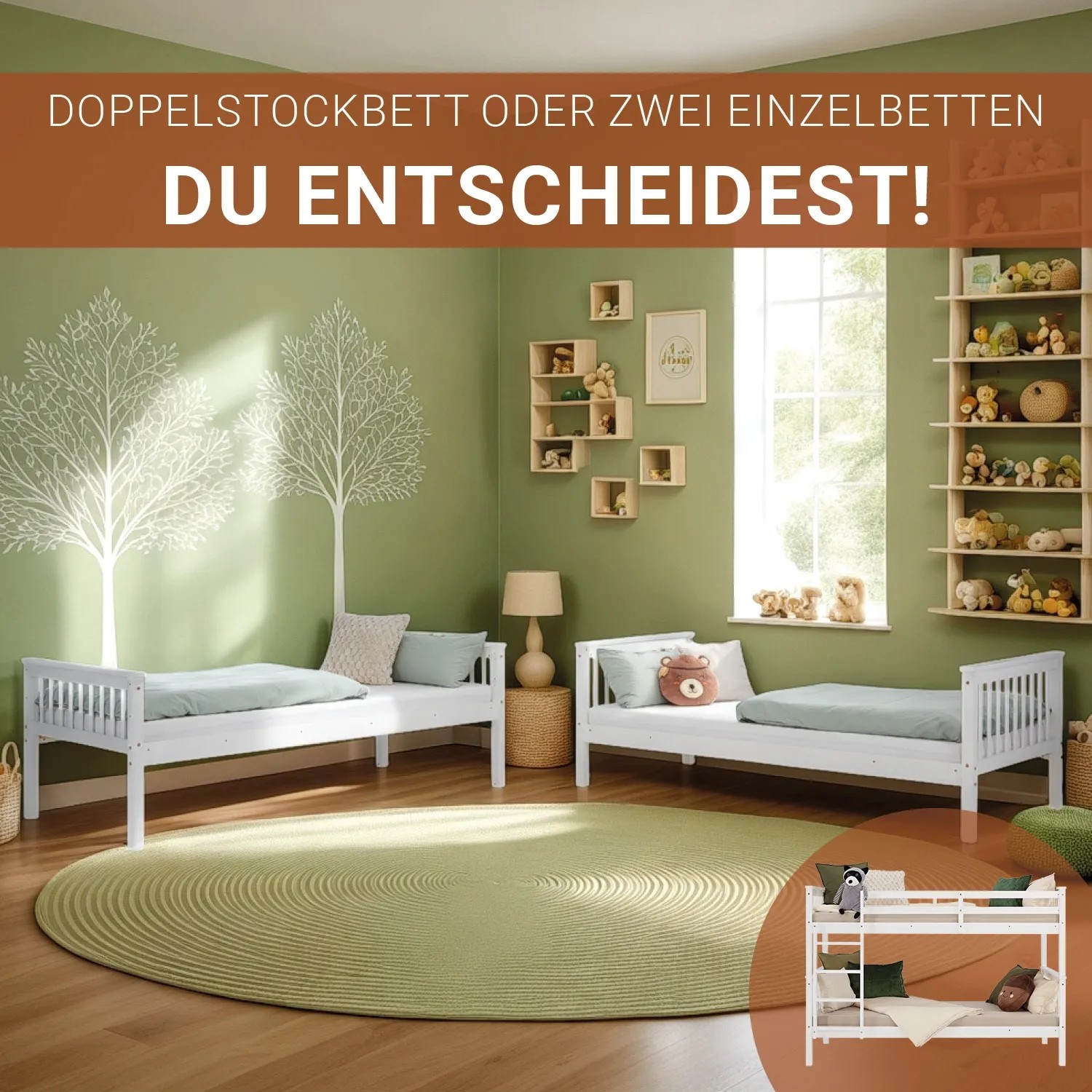 Weißes Homestyle4u Etagenbett/Einzelbetten (90x200 cm) im Kinderzimmer.