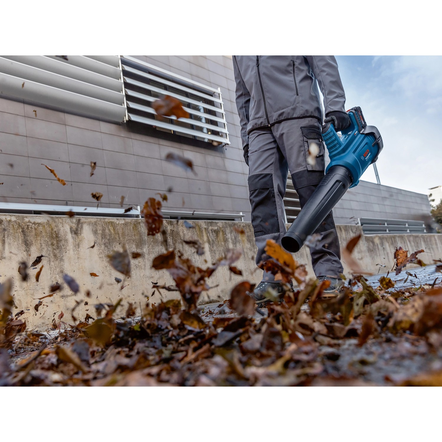 Bosch Professional Akku-Laubbläser GBL 18V-750 im Einsatz beim Laubblasen.