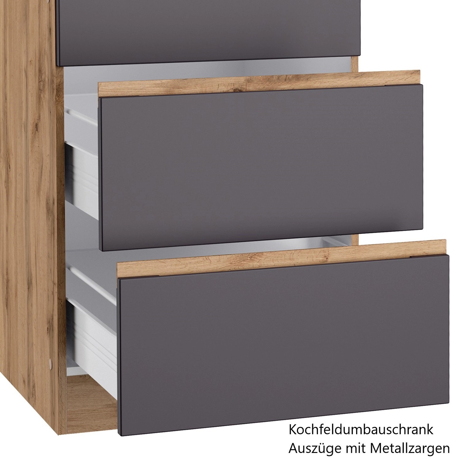 Küchenzeile Turin: Unterschrank mit Graphitfront und Auszügen in Wotaneiche Optik.