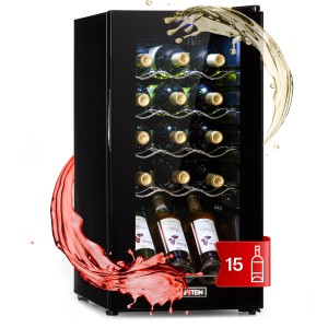 Klarstein Shiraz 15 Slim Uno Weinkühlschrank mit Glasfront und 15 Weinflaschen.