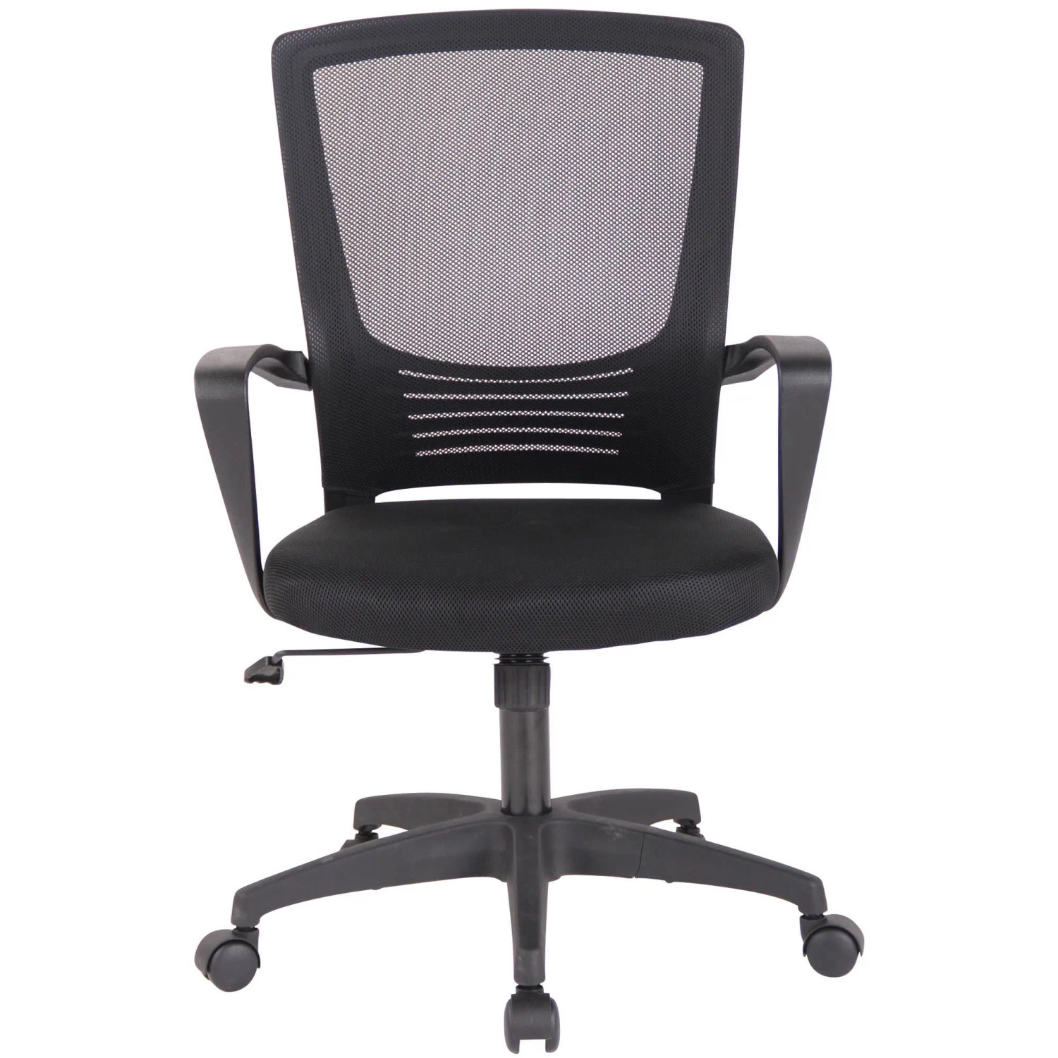 Schwarzer, ergonomischer DELUKE Bürostuhl mit Netzrückenlehne und verstellbarer Höhe.