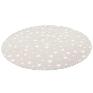 Runder, grauer Kinderteppich mit Sternenmuster, 133 cm Durchmesser.
