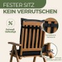 Dunkelgraue Hochlehner Auflage auf Holz-Gartenstuhl, mit verstellbarem Halteband und Befestigungskordeln für sicheren Halt.