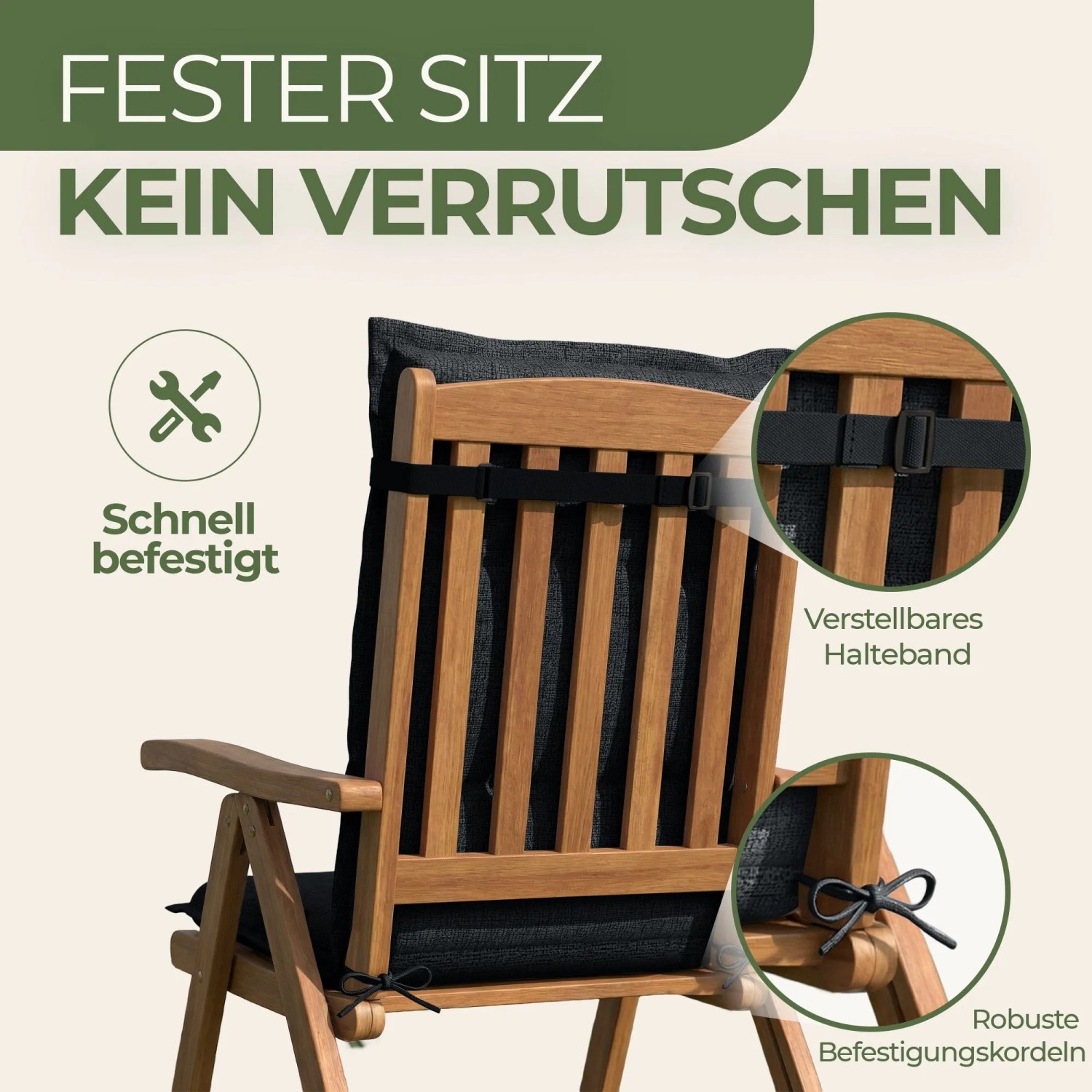 Dunkelgraue Hochlehner Auflage auf Holz-Gartenstuhl, mit verstellbarem Halteband und Befestigungskordeln für sicheren Halt.