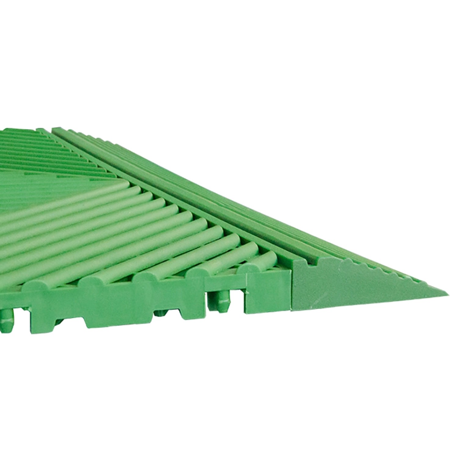 Grüne Florco Kunststoff-Klickfliese classic, 40x40 cm, Detailansicht des Klicksystems.