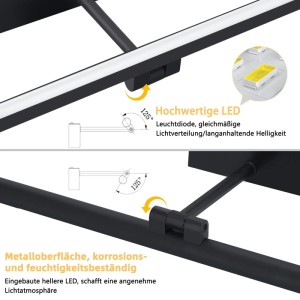 Schwarze NETTLIFE LED Spiegelleuchte L40 aus Kunststoff, 125° verstellbar, mit gleichmäßiger, blendfreier Lichtverteilung.