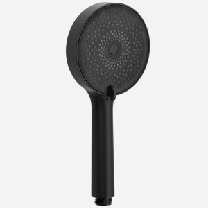 Schwarze EuroFlux Handbrause mit rundem Duschkopf, 3 Strahlarten, Massagefunktion und Anti-Kalk-Funktion.