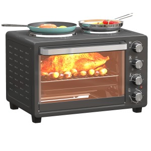 HOMCOM Minibackofen mit Kochplatten, Edelstahl/Schwarz, mit Hähnchen und Pfannen.