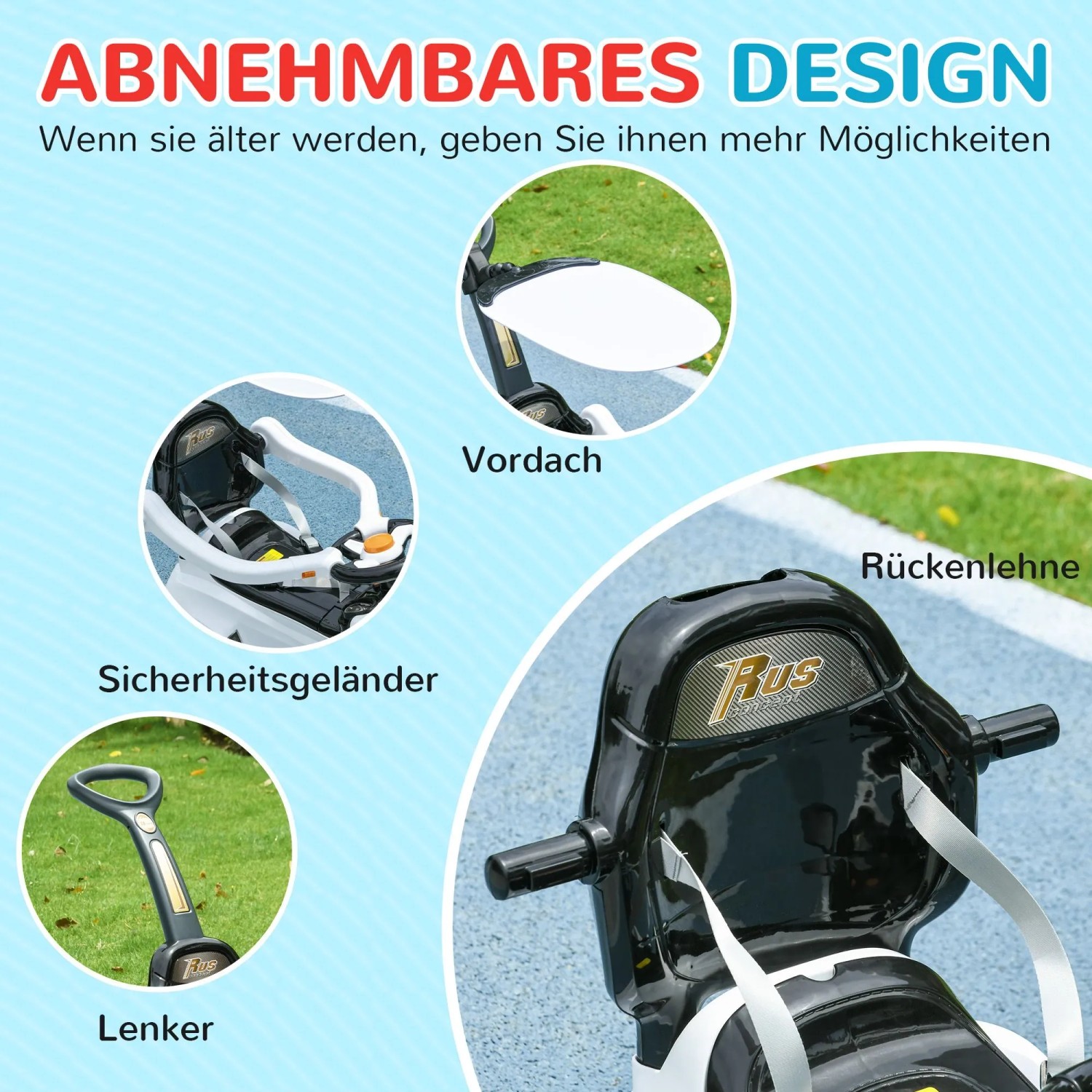 AIYAPLAY Rutschauto: Abnehmbares Vordach, Sicherheitsgeländer, Lenker und Rückenlehne für vielseitigen Spielspaß.