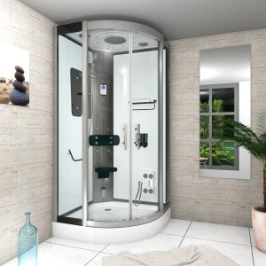 AcquaVapore Duschkabine 100x100 cm mit Regendusche, Handbrause und Sitz in moderner Badezimmer-Umgebung.