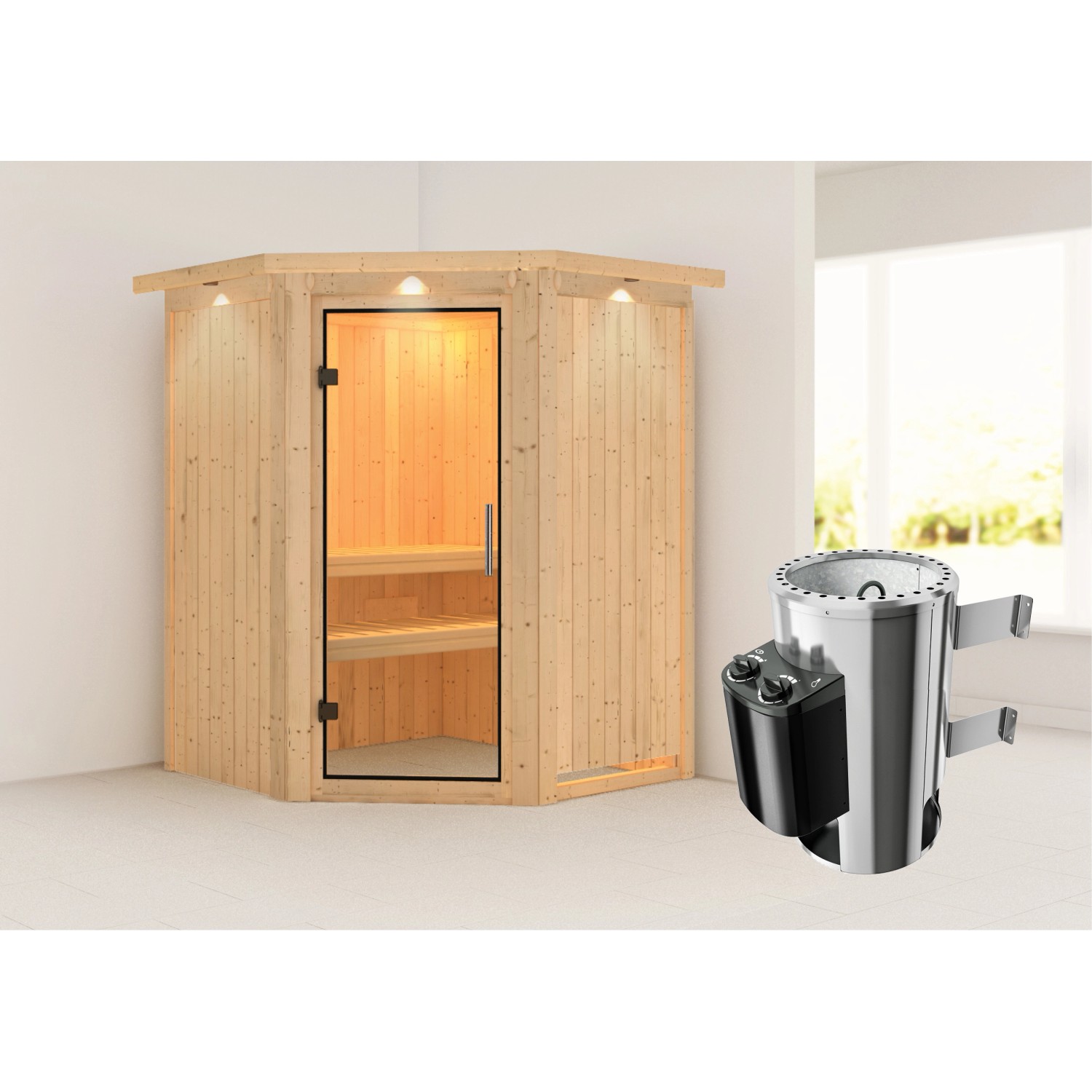 Karibu Sauna mit Ofen integrierte Stg.LED-Dachkranz Natur