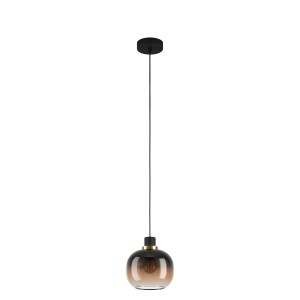 Eglo Pendelleuchte Oilella, schwarz-messingfarben, mit klarem Glas-Lampenschirm und Farbverlauf.