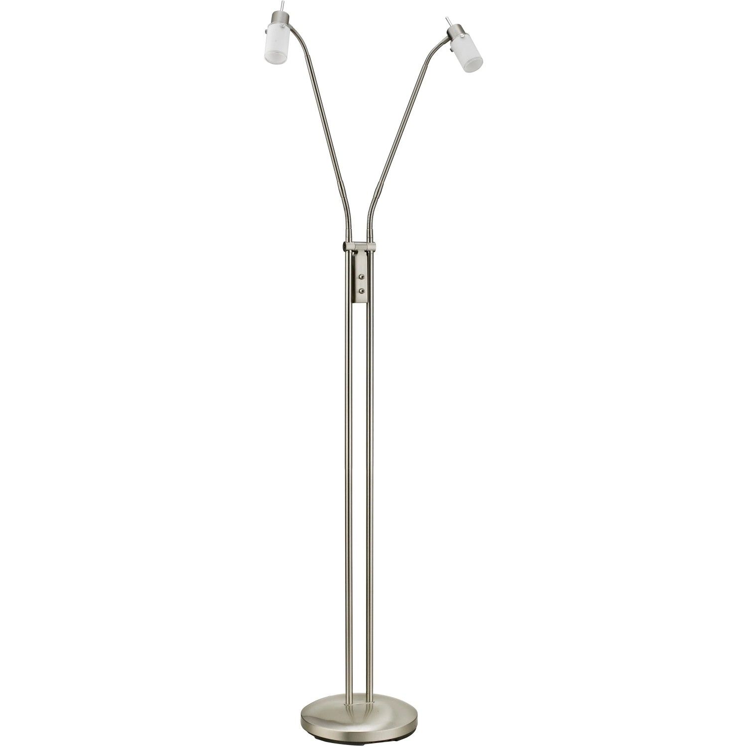 Moderne LED-Stehleuchte Max, 2-flammig, aus Stahl mit satiniertem Glas. Leselampe für Wohnräume.