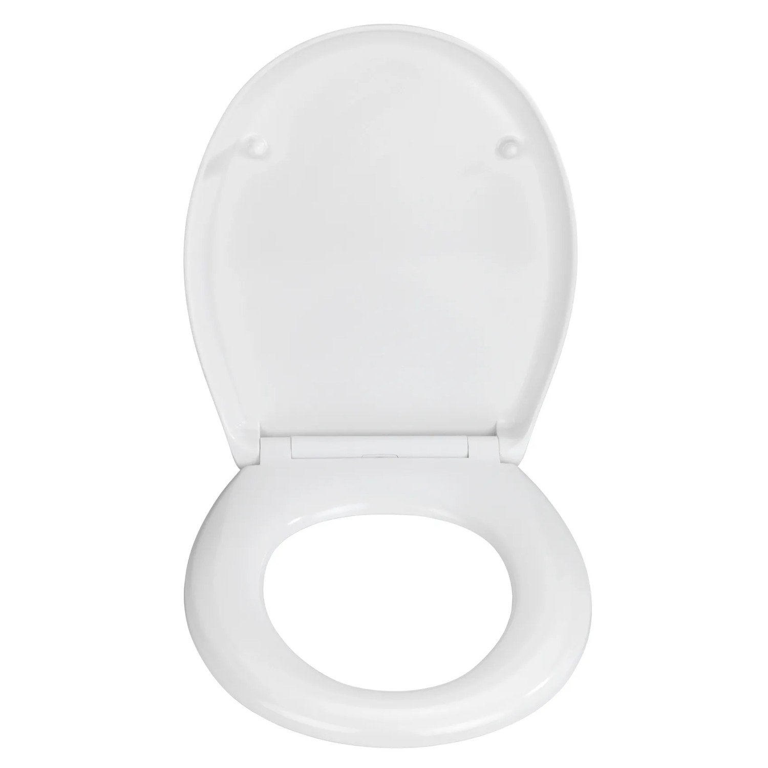 Weißer Wenko WC-Sitz Gubbio mit Absenkautomatik aus Duroplast, geöffnet von oben.