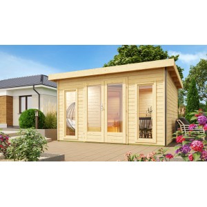 Naturbelassenes Saunahaus Magnus 2-Set mit Ofen und externer Steuerung im Garten.