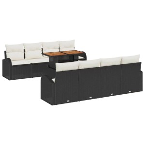 Schwarzes 9-teiliges Garten-Sofa-Set aus Poly Rattan mit Tisch und Auflagen für Terrasse und Garten.