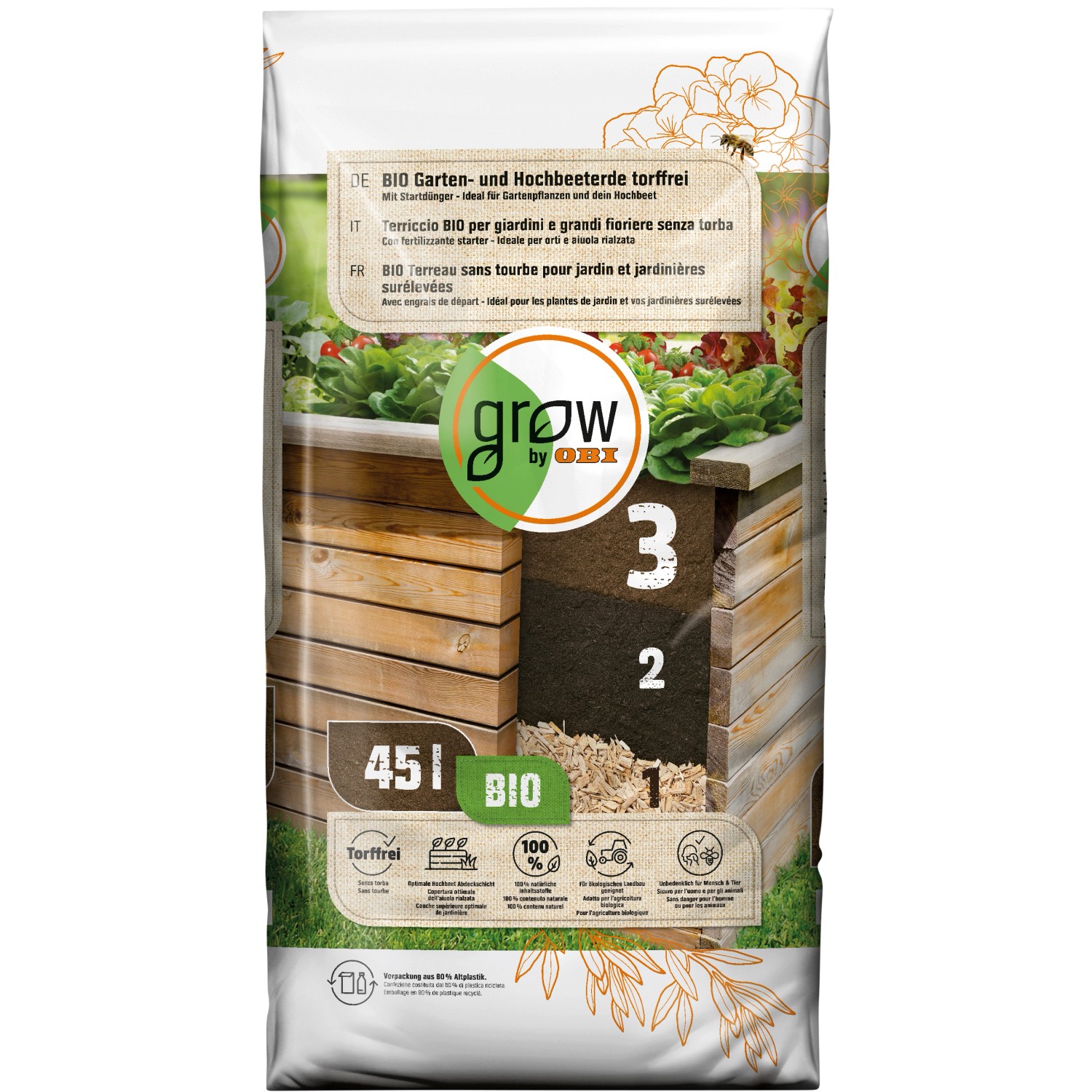 GROW by OBI BIO Garten- und Hochbeeterde torffrei, 45l