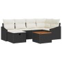 Schwarzes 7-teiliges Garten-Sofa-Set aus Poly Rattan mit Tisch und beigen Kissen.