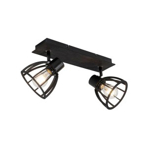 Schwarze, industrielle QAZQA Deckenlampe Fotu mit zwei Strahlern und Holzelement.