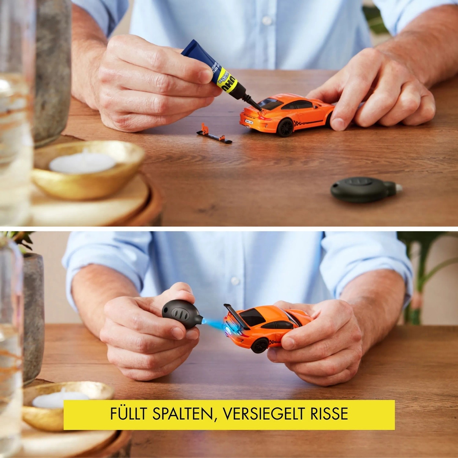 Anwendung Uhu Spezialkleber LED Power Booster: Kleben eines Spielzeugautos mit LED-Lampe.