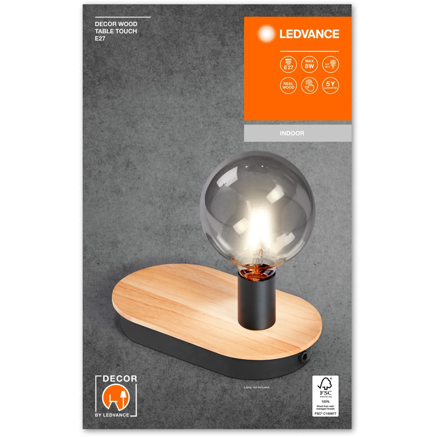 Ledvance Tischleuchte Decor Holz, braun-schwarz. LED-Lampe mit E27 Fassung auf Holzsockel.
