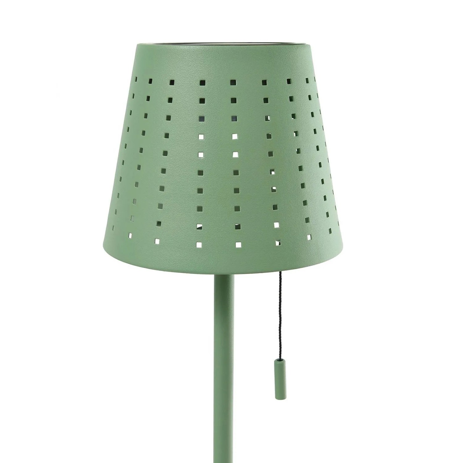 Grüne Lindby LED Solarleuchte Hilario mit Schirm im Lochdesign, dimmbar und spritzwassergeschützt.