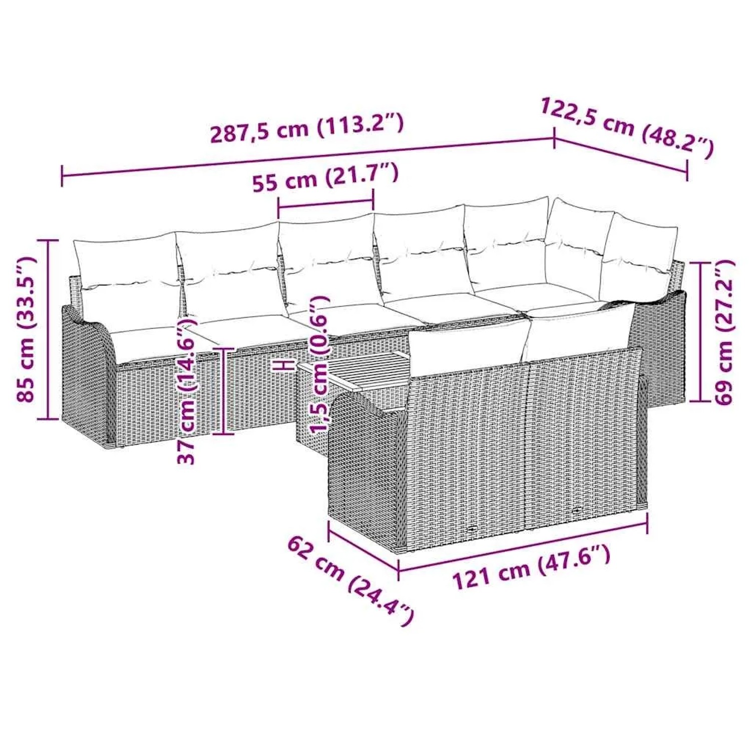vidaXL Gartenmöbel Set, 9-teilig, grau, Poly Rattan, mit Maßangaben.