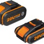 Worx Akku-Set WA3605 mit 20V/2Ah und 20V/4Ah Akkus für Elektrowerkzeuge.