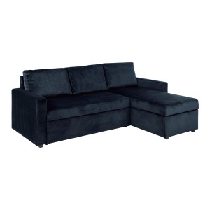 Dunkelblaues Schlafsofa Sacramento mit Chaiselongue, Stauraum und Ausziehfunktion.