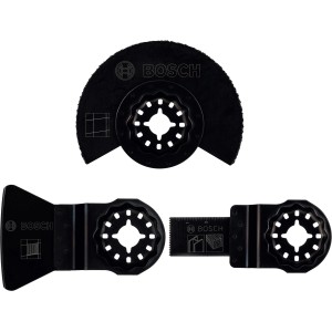 Bosch Fliesen-Set Promoline, 3-teilig für Multifunktionswerkzeug, bestehend aus Tauchsägeblatt, Segmentsägeblatt und Schaber.