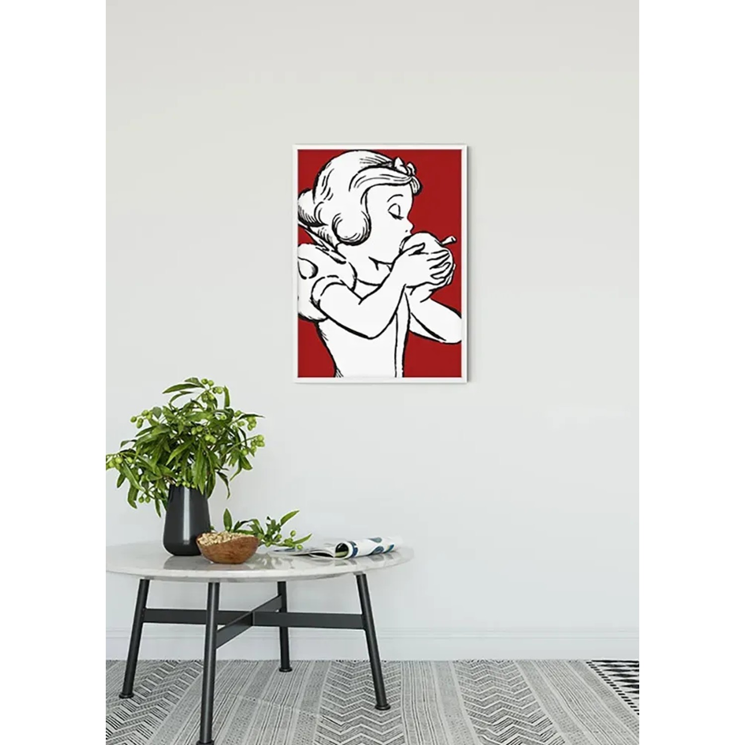 Wandbild: Schneewittchen mit rotem Hintergrund, 50x70 cm. Dekoratives Bild für Wohnräume.
