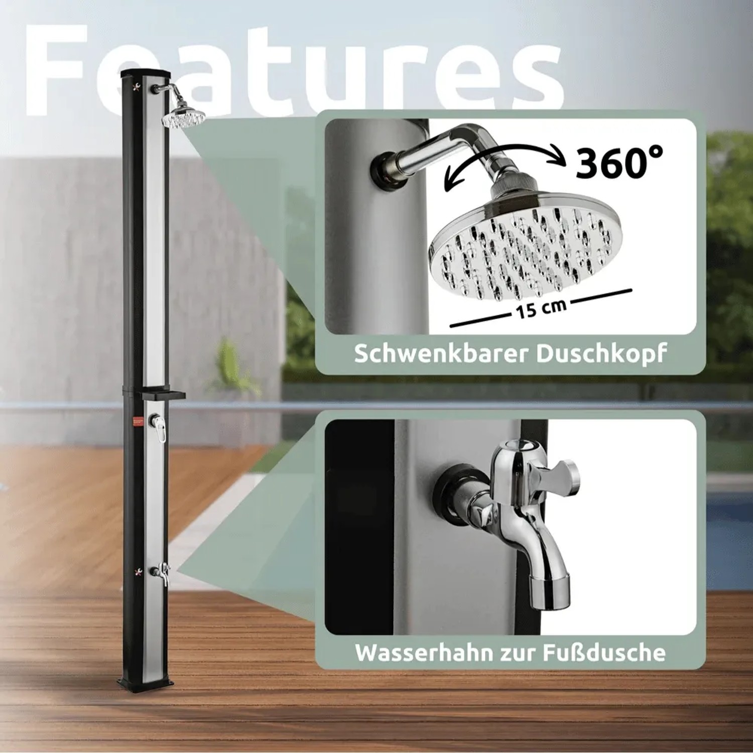 DELUKE Solardusche 40L mit schwenkbarem Duschkopf und Fußdusche für Garten und Pool.