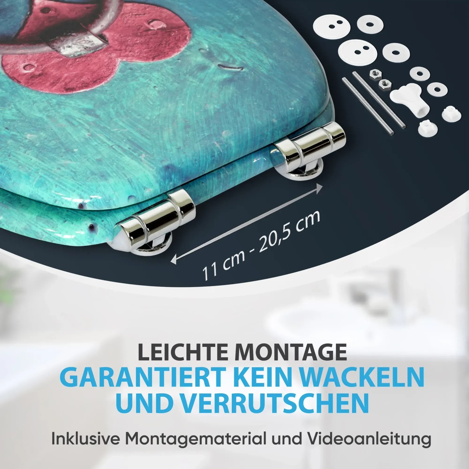 Sanilo WC-Sitz Knocker mit Absenkautomatik, Holz, blau-grün mit Montagezubehör.