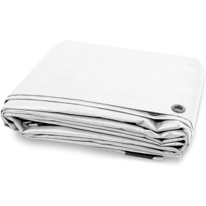Weiße Karat Abdeckplane 8x12m, wasserdicht und mit Ösen, zum Schutz vor Schmutz und Nässe.