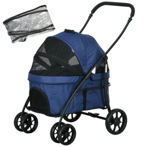 Blauer PawHut 2-in-1 Hundebuggy mit Regenschutz, Transportbox für Kleintiere.