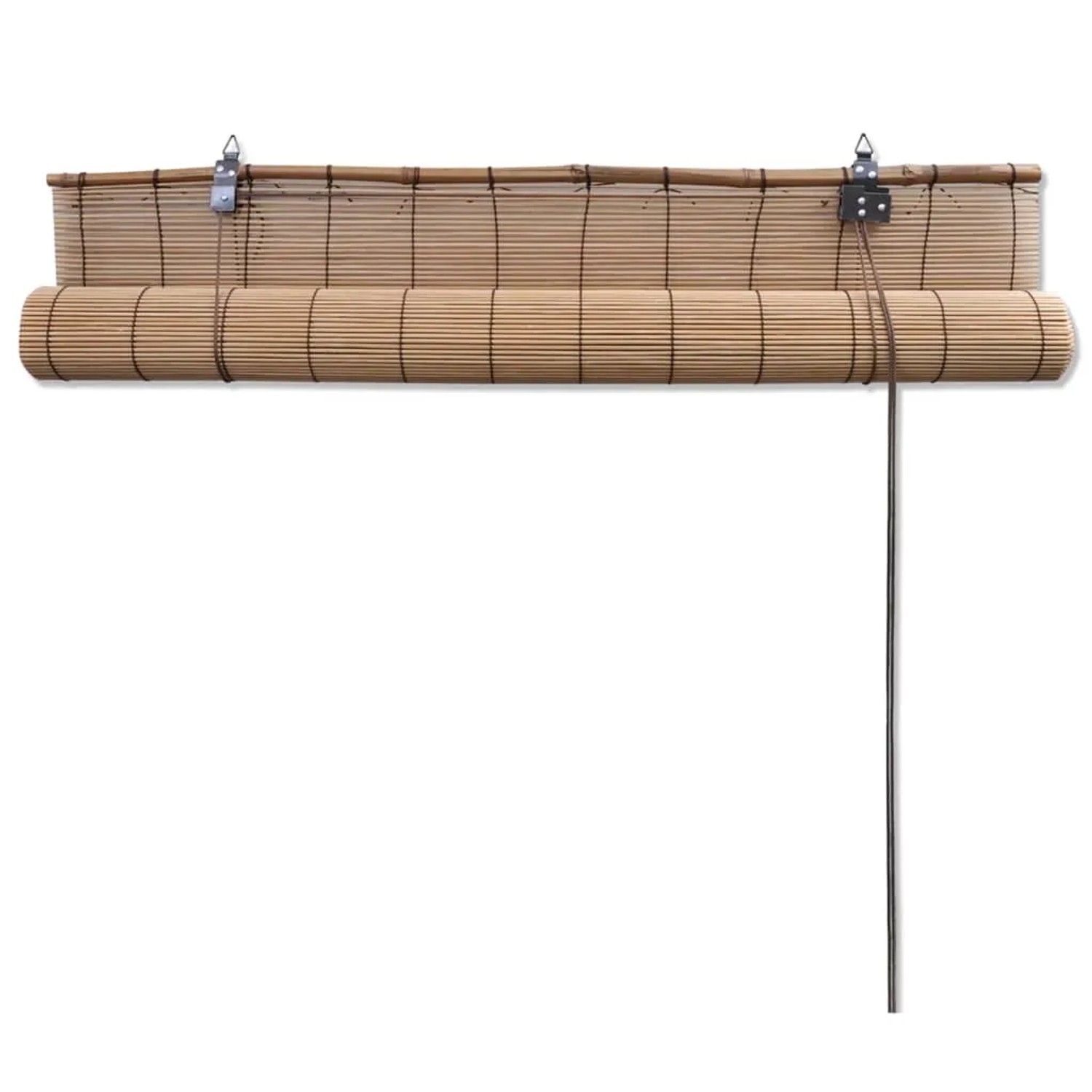 Braunes Bambusrollo, 150x160 cm, für Fenster, mit Zugschnur zur Lichtregulierung.