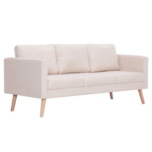 Cremeweißes 3-Sitzer Sofa von vidaXL, Stoffsofa mit Holzfüßen und Rückenkissen.