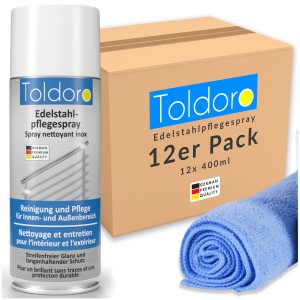 Toldoro Edelstahl Pflegespray Set, 12x400ml mit Mikrofasertuch, für Küche & Grill.