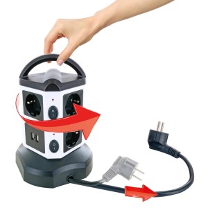Schwaiger Steckdosentower mit 7 Schuko-Steckdosen, 2 USB-A Anschlüssen und 1,8 m Kabel.
