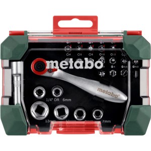 Metabo Bitbox mit Ratschenset, 26-teilig, mit Bits, Steckschlüsseln, Verlängerung und Ratsche im Koffer.