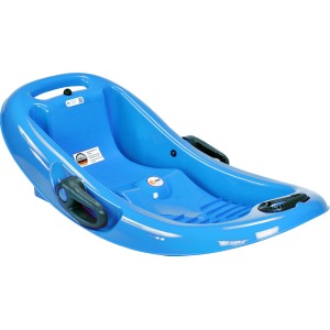 Blauer Kinderschlitten Snow Flipper Iceblue mit ergonomischer Sitzschale und Haltegriffen.