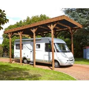 Brauner Alpholz Carport Camping-Car aus Holz mit Wohnmobil. Einzelcarport mit Polycarbonat-Dach.