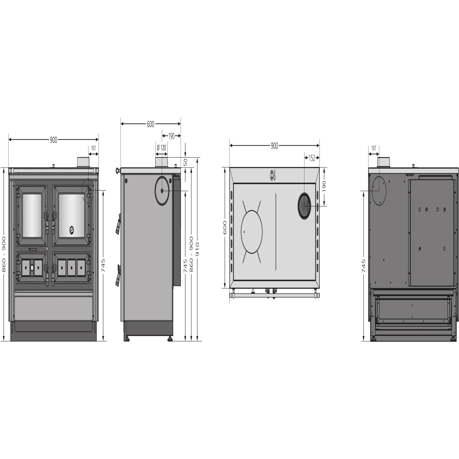 Technische Zeichnung Justus Küchenofen Rustico 90 2.0, Stahl Creme, Maße und Details.