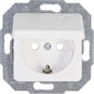 Kopp Steckdose Europa Arktisweiß mit Klappdeckel, Frontalansicht.