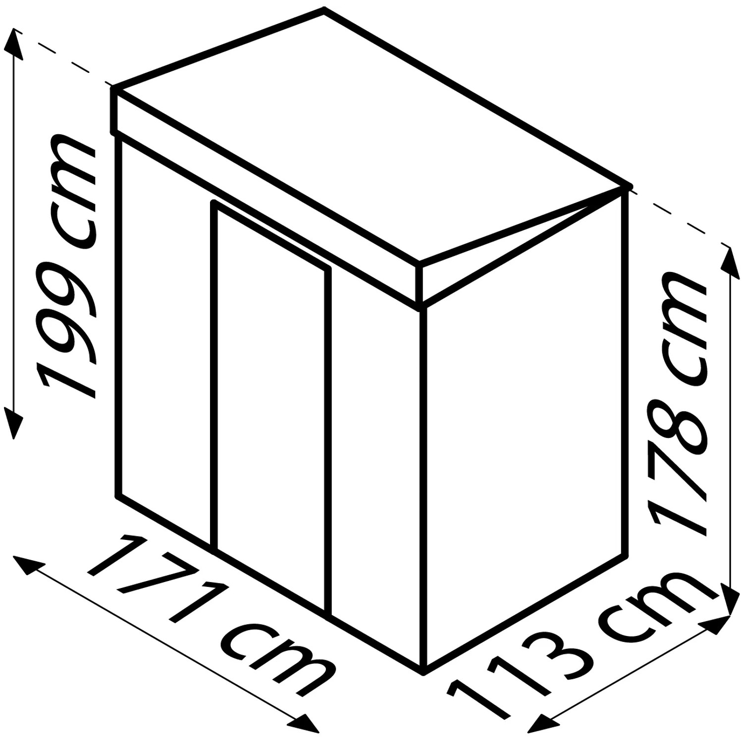 Skizze: Globel Metall-Gerätehaus Skillion 64, 171x113cm, mit Maßangaben. Ideal zur Gartenaufbewahrung.