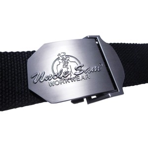 Uncle Sam Workwear Gürtel, schwarzer Stoffgürtel mit Metallschnalle und Logo.