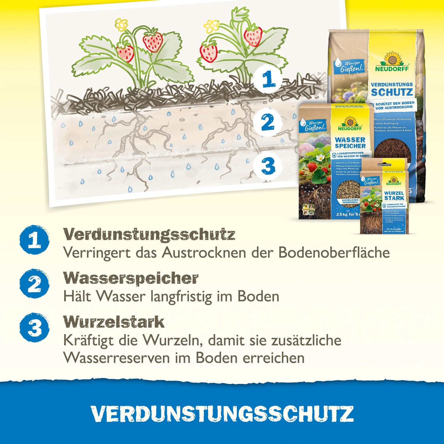 Neudorff Verdunstungsschutz 65l: Illustration der Funktionsweise und Produktverpackungen.