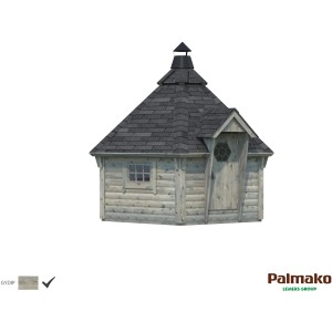 Palmako Grillkota Eva, grau tauchgrundiert, 376x326 cm. Holz-Gartenhaus mit Dach und Fenster.