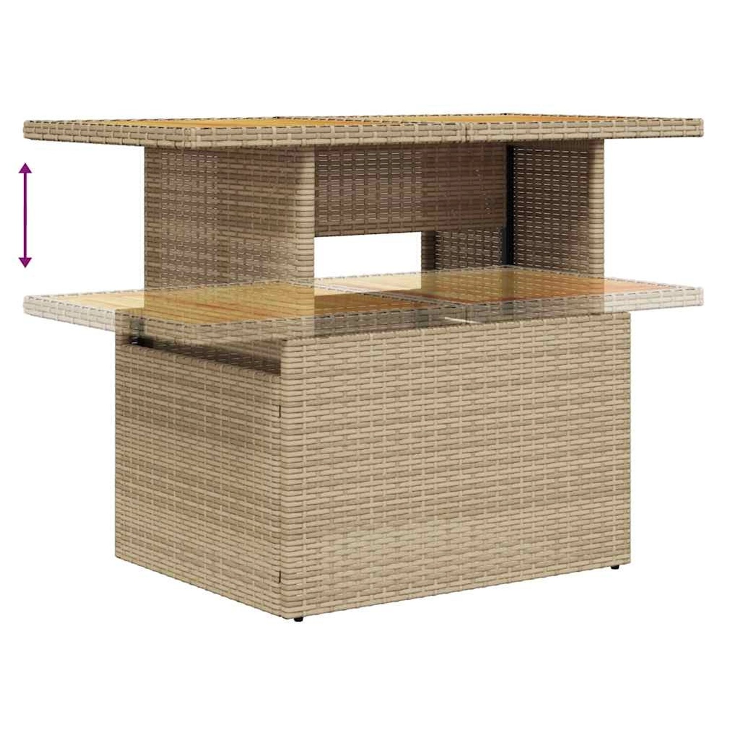 Beiger vidaXL Gartentisch aus Rattan, höhenverstellbare Tischplatte für Gartenmöbel.