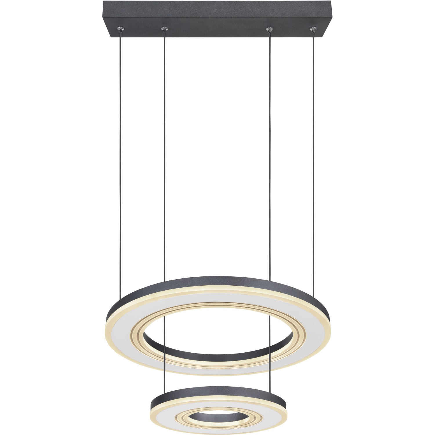 Moderne LED-Pendelleuchte Blasius mit zwei Ringen in Schwarz und Weiß, dimmbar.